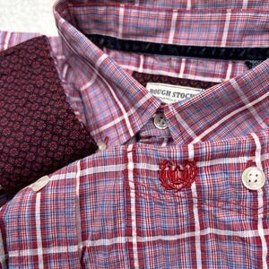 Rough Stock Panhandle Western Shirt Mens L Red Blue Plaid Flip Cuff Rodeo Cowboy